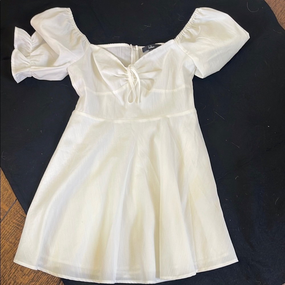 Lulu's White Peplum Sundress with Puff Sleeves